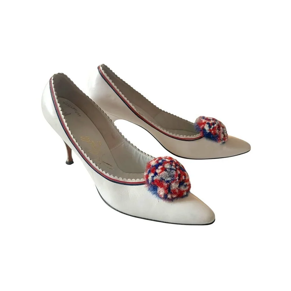 Vintage 50s/60s Julianelli's for Montaldo's  White Leather Pom Pom Heels 8AAA